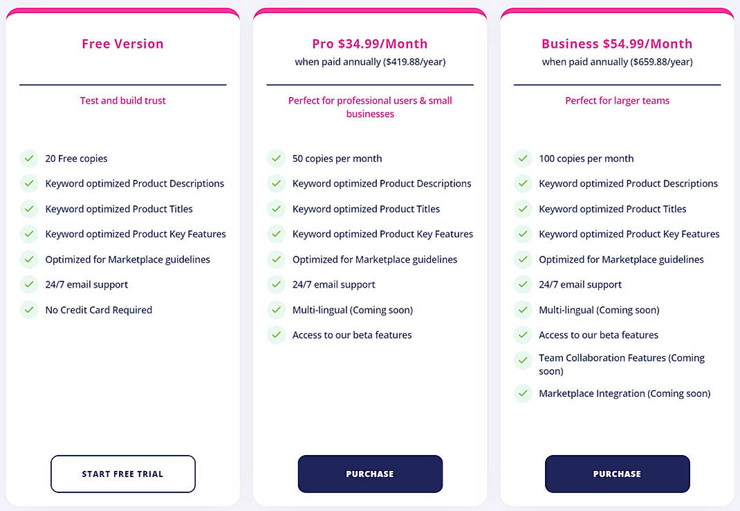 Pricing screenshot