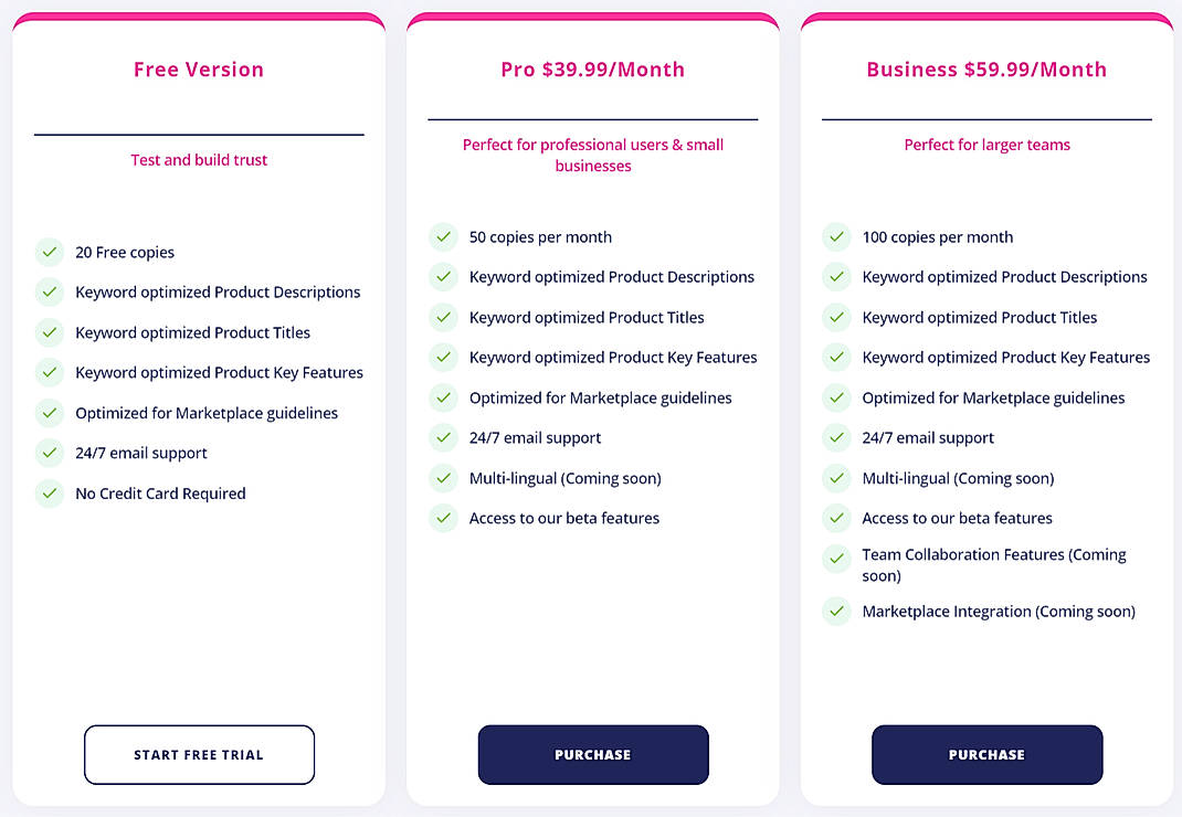 Pricing screenshot