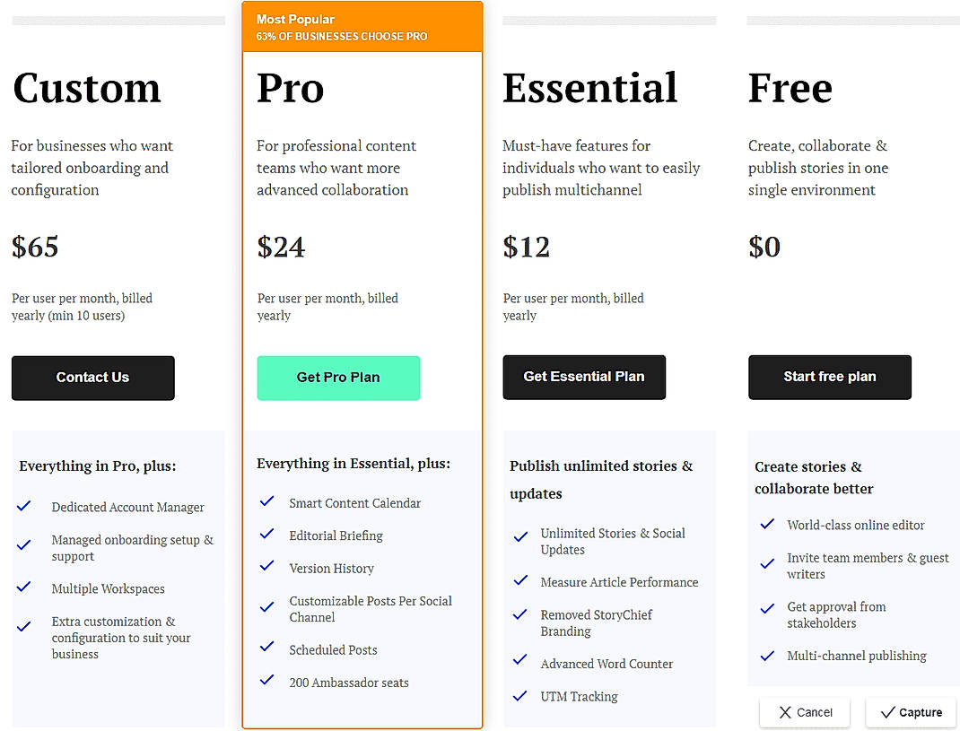Pricing screenshot