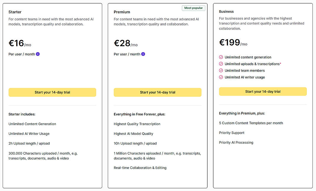 Pricing screenshot