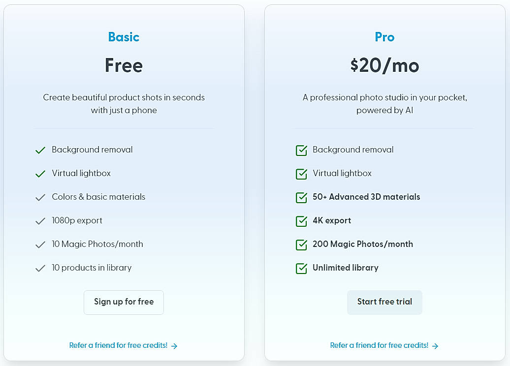 Pricing screenshot