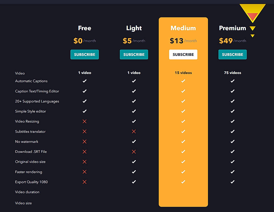 Pricing screenshot