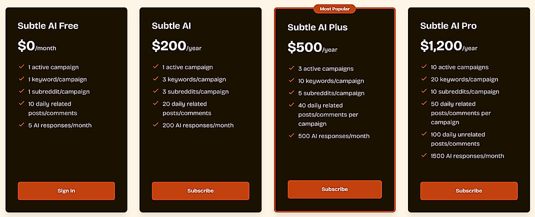 Pricing screenshot