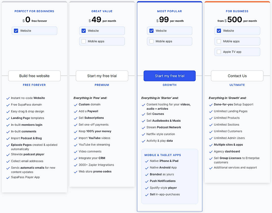Pricing screenshot