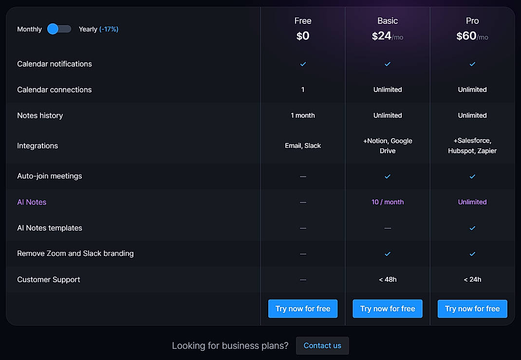 Pricing screenshot