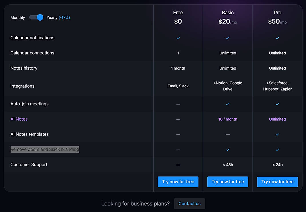 Pricing screenshot
