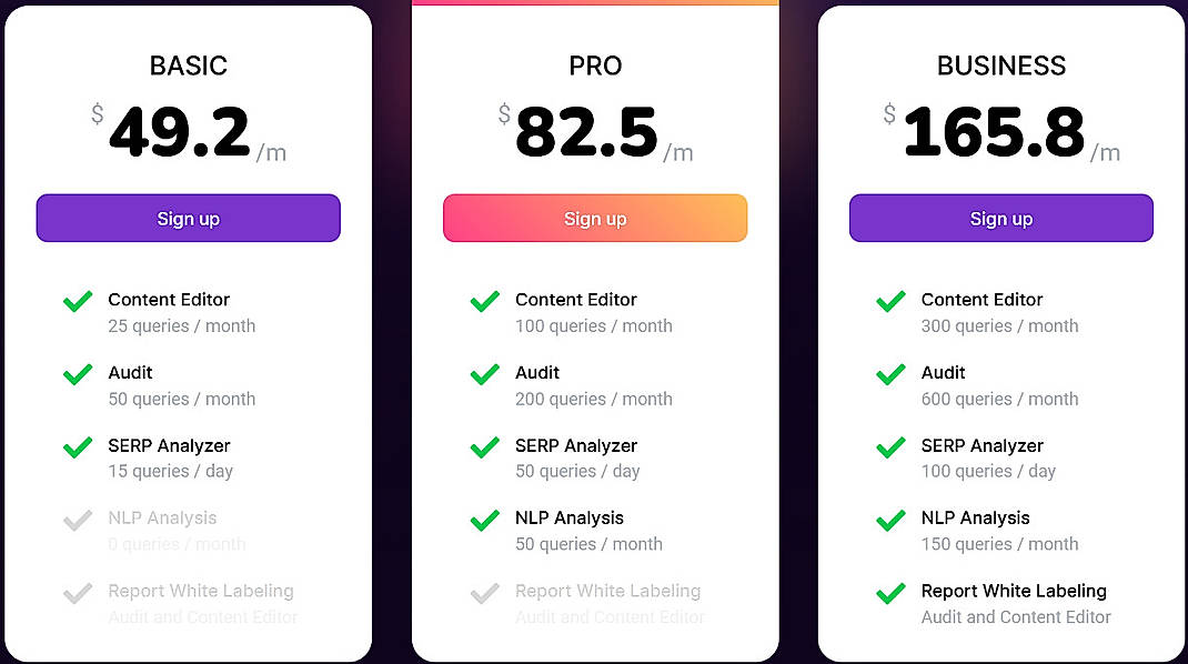 Pricing screenshot