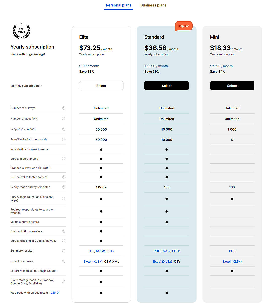 Pricing screenshot
