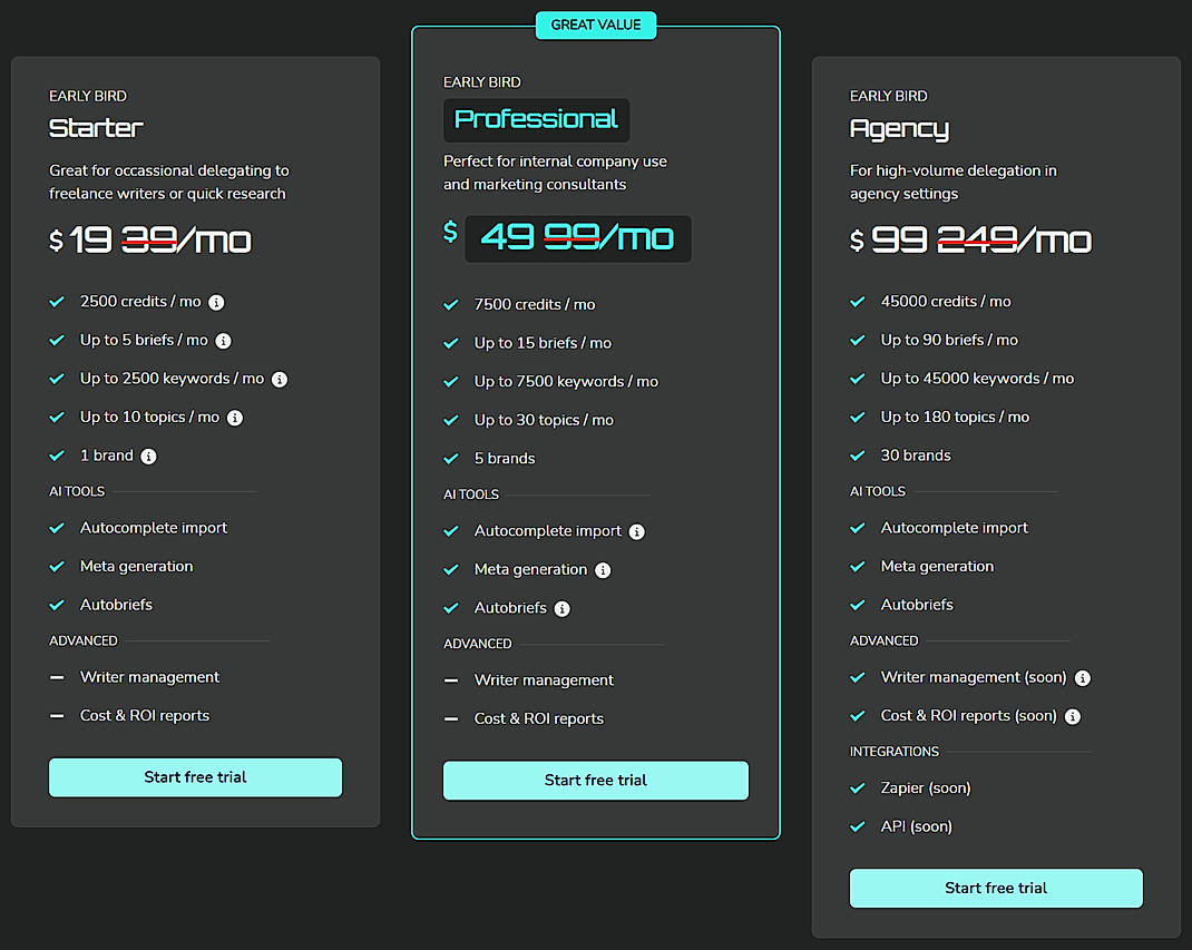 Pricing screenshot