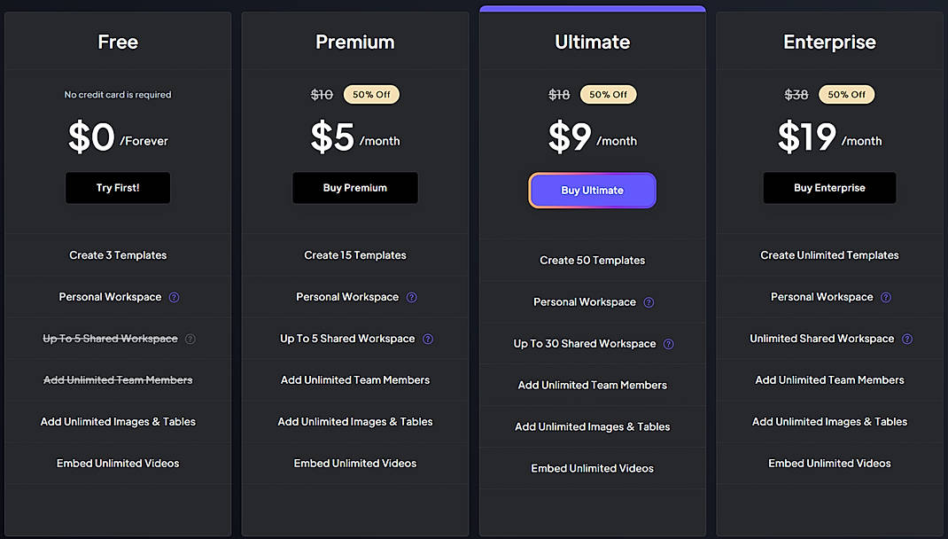 Pricing screenshot