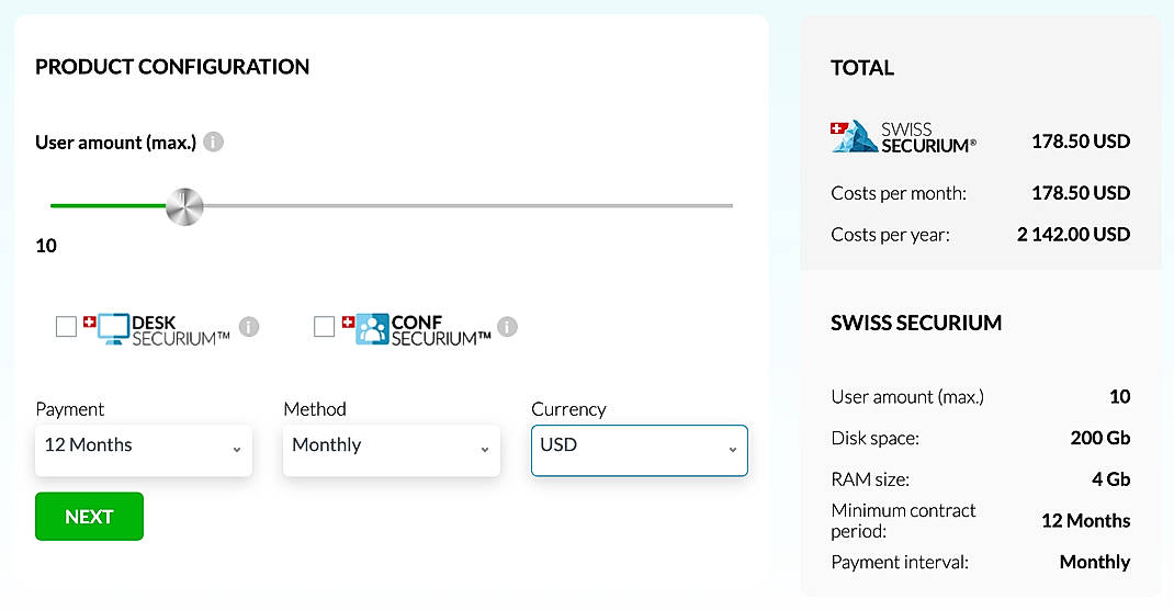 Pricing screenshot
