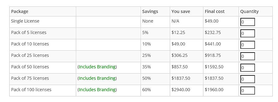 Pricing screenshot