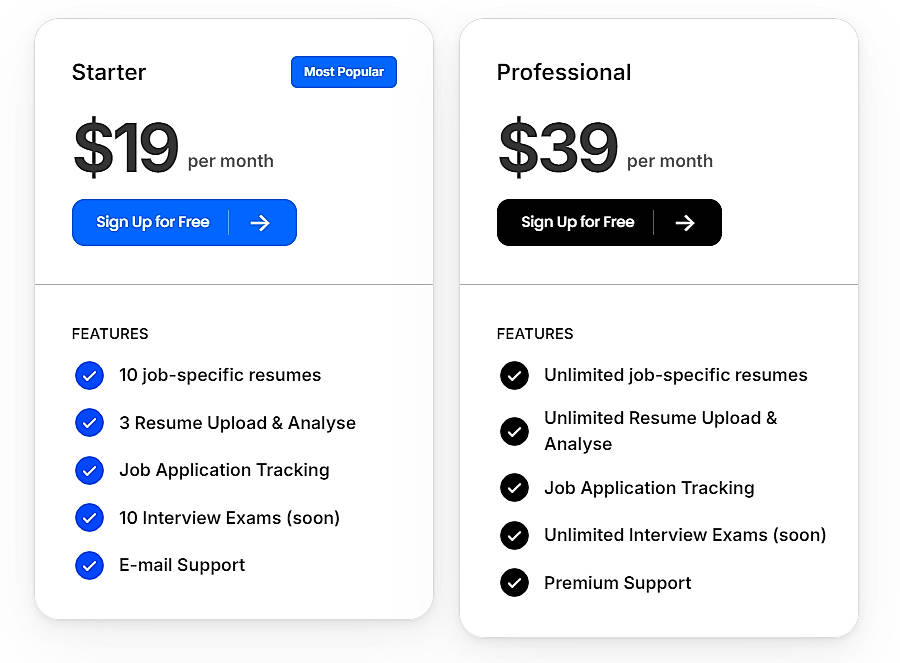 Pricing screenshot