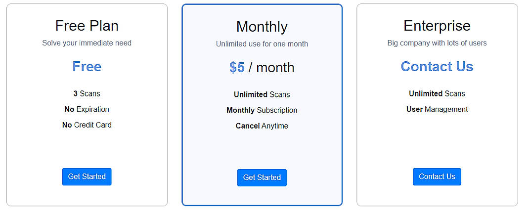 Pricing screenshot