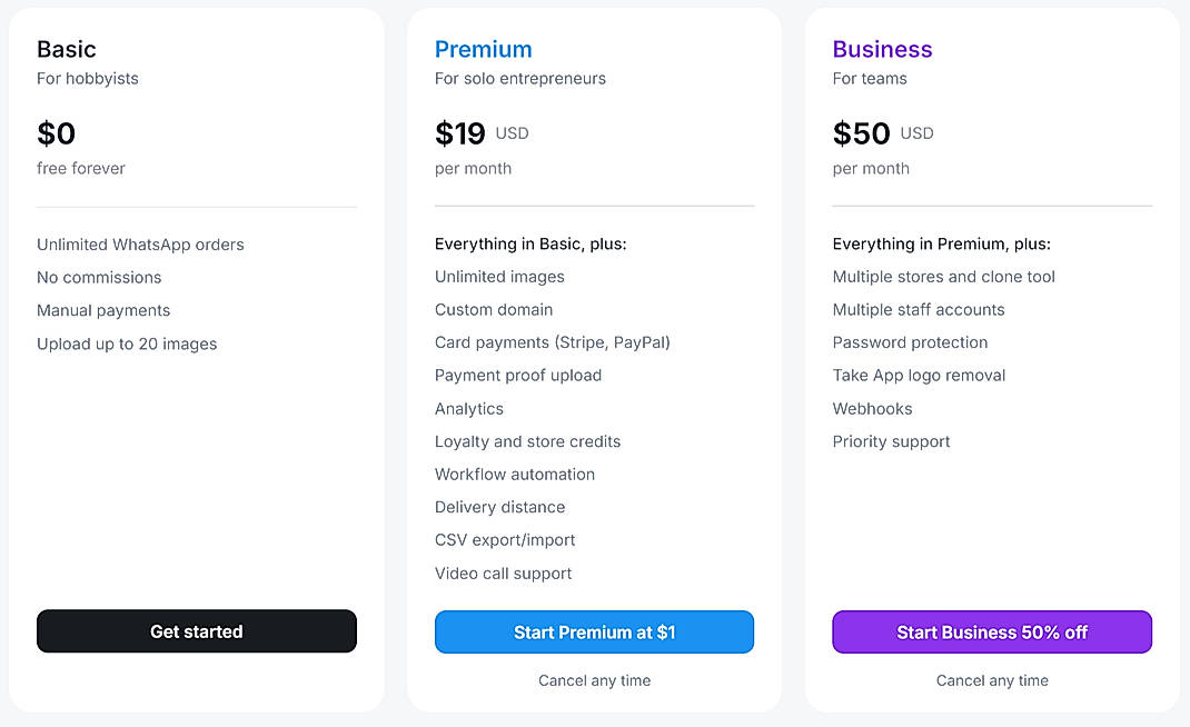 Pricing screenshot