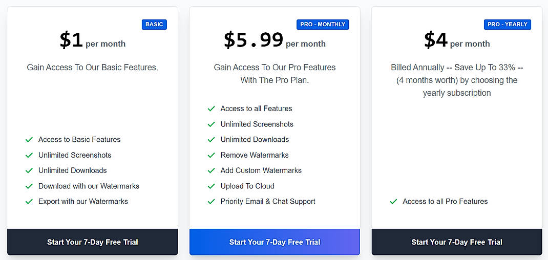 Pricing screenshot