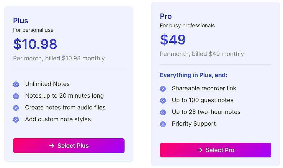 Pricing screenshot