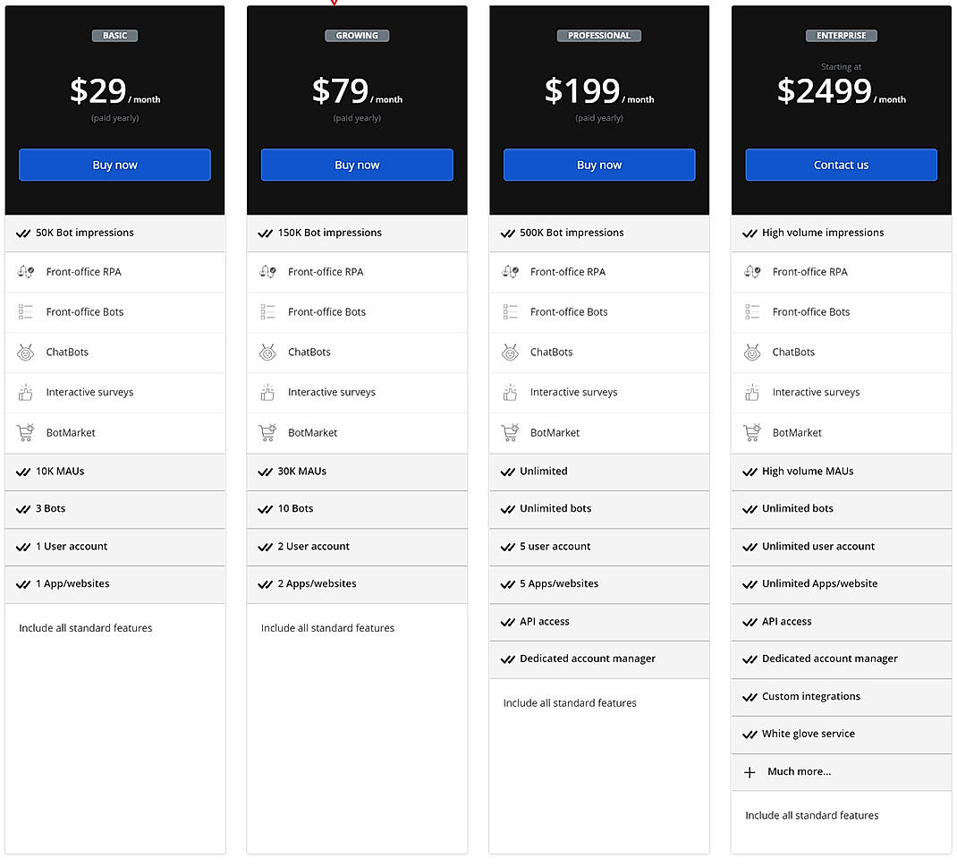 Pricing screenshot