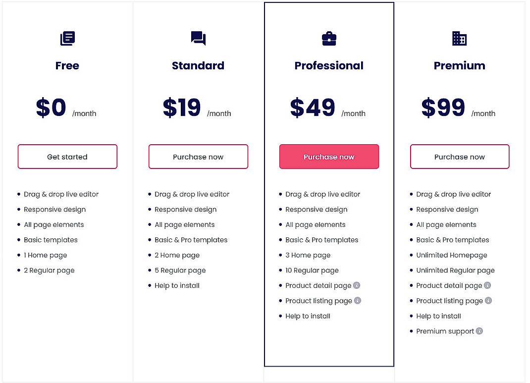 Pricing screenshot