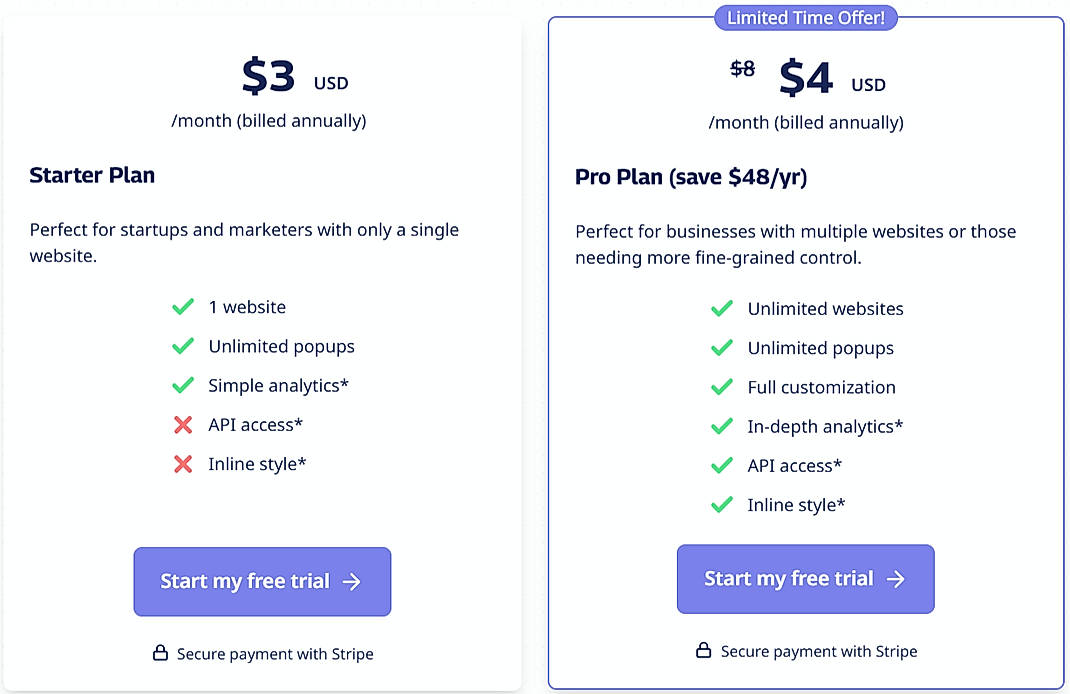Pricing screenshot