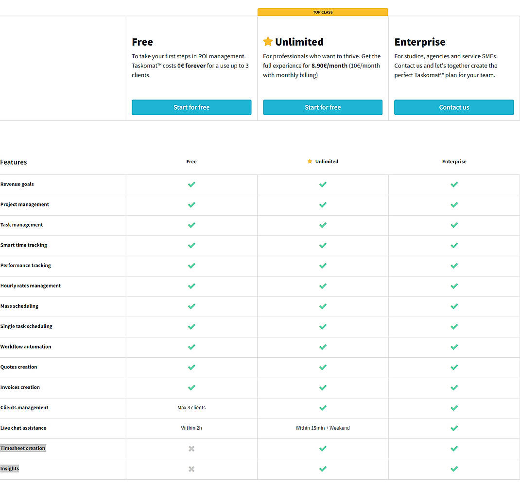 Pricing screenshot