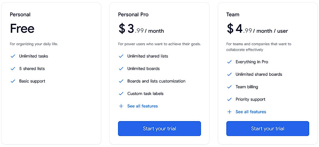 Pricing screenshot