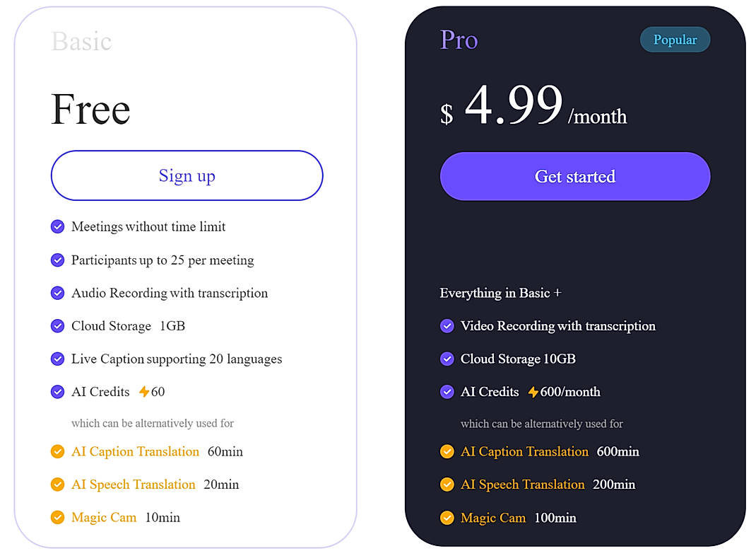 Pricing screenshot