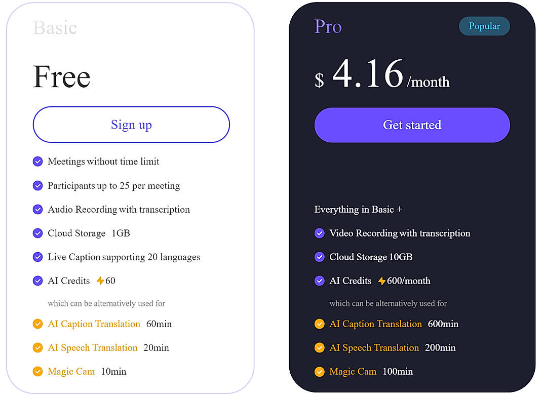 Pricing screenshot