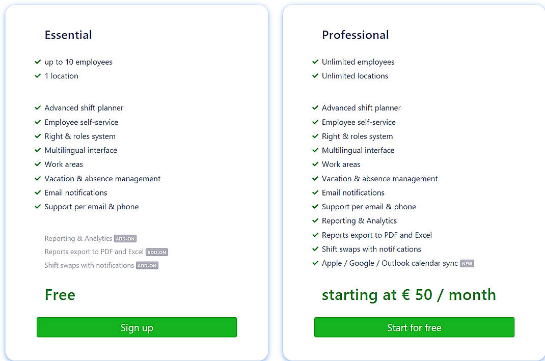 Pricing screenshot