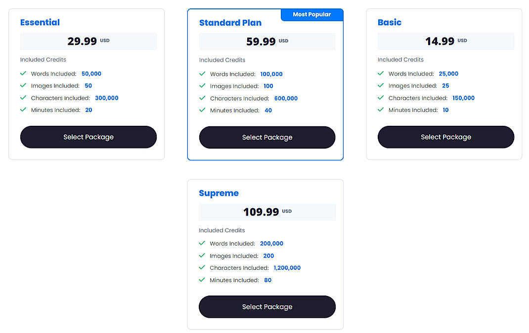 Pricing screenshot