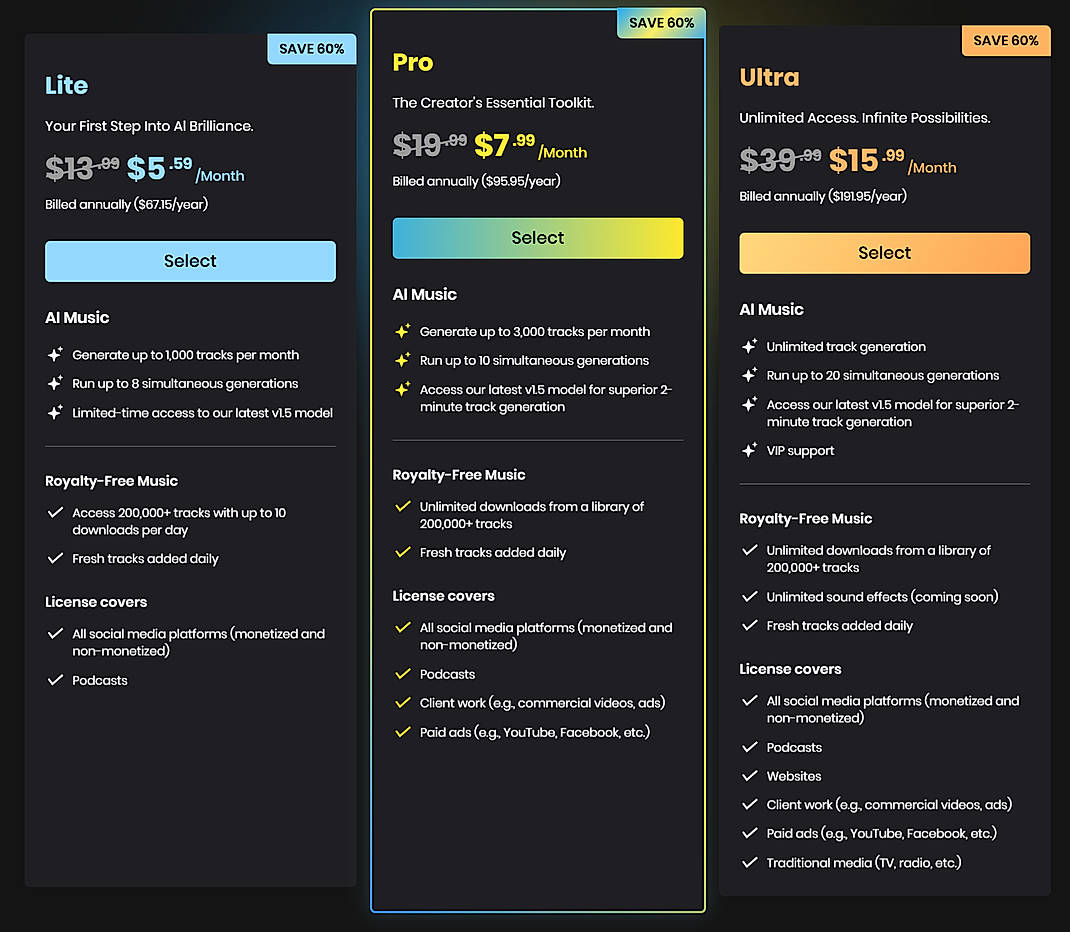 Pricing screenshot