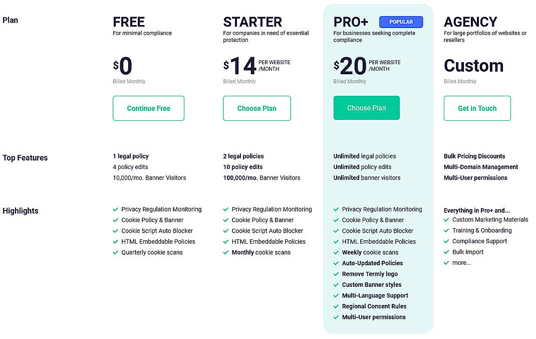Pricing screenshot