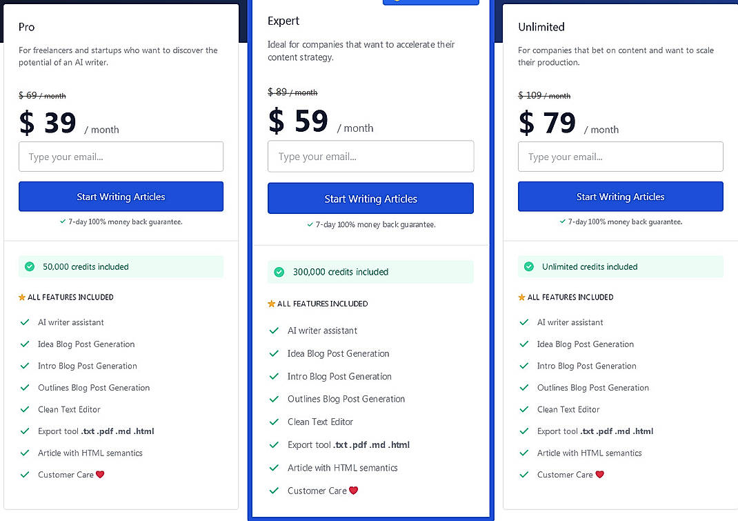 Pricing screenshot