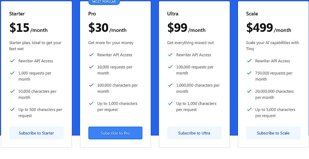 Pricing screenshot