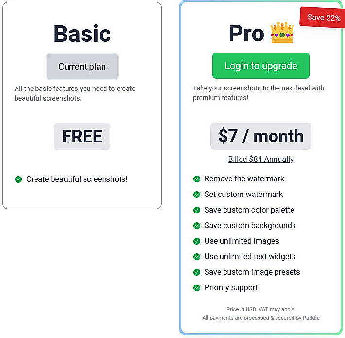 Pricing screenshot