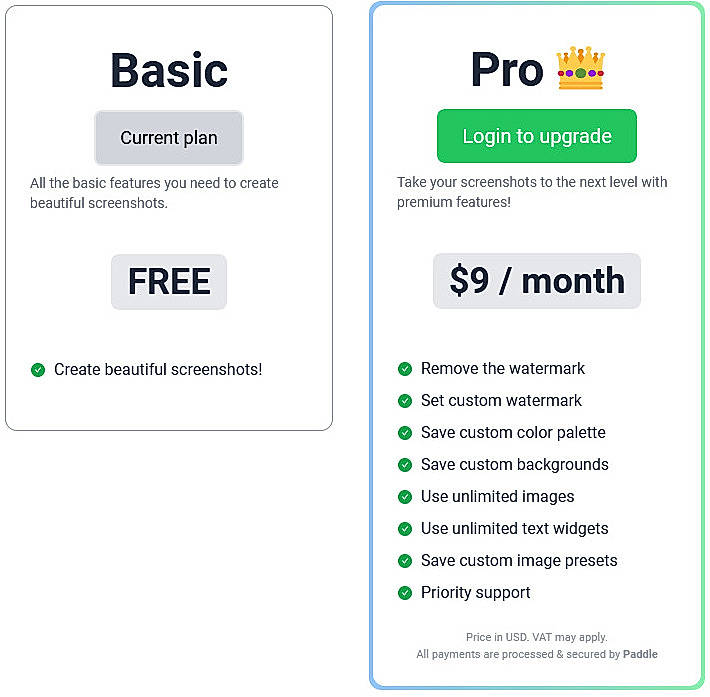Pricing screenshot