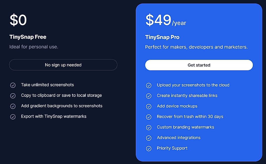 Pricing screenshot