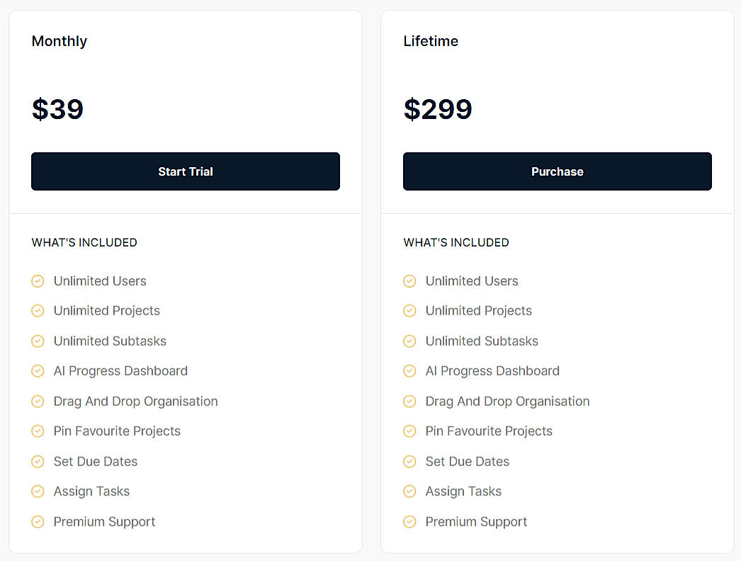 Pricing screenshot