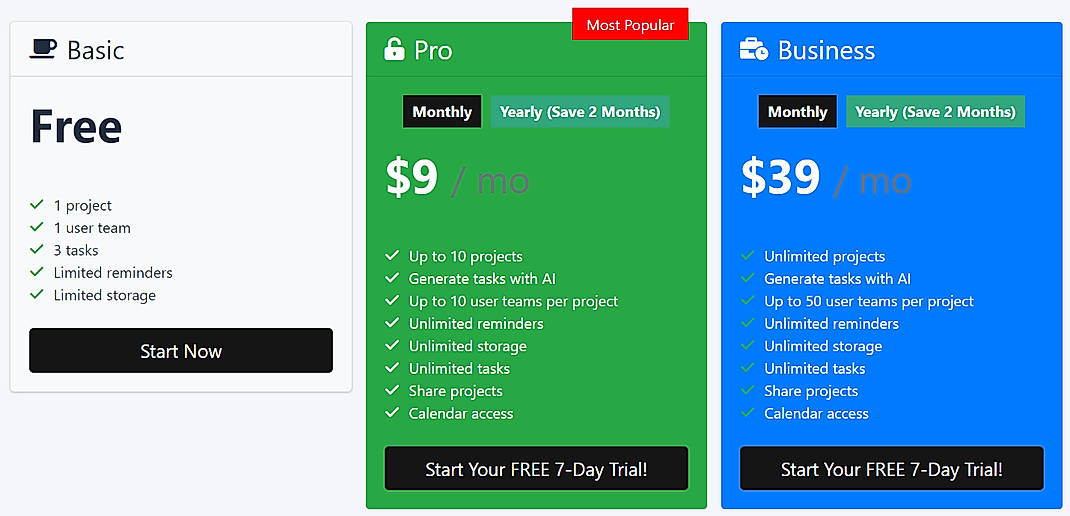 Pricing screenshot