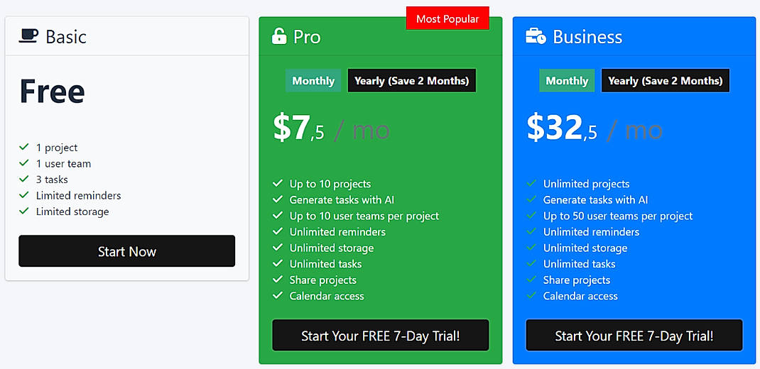 Pricing screenshot