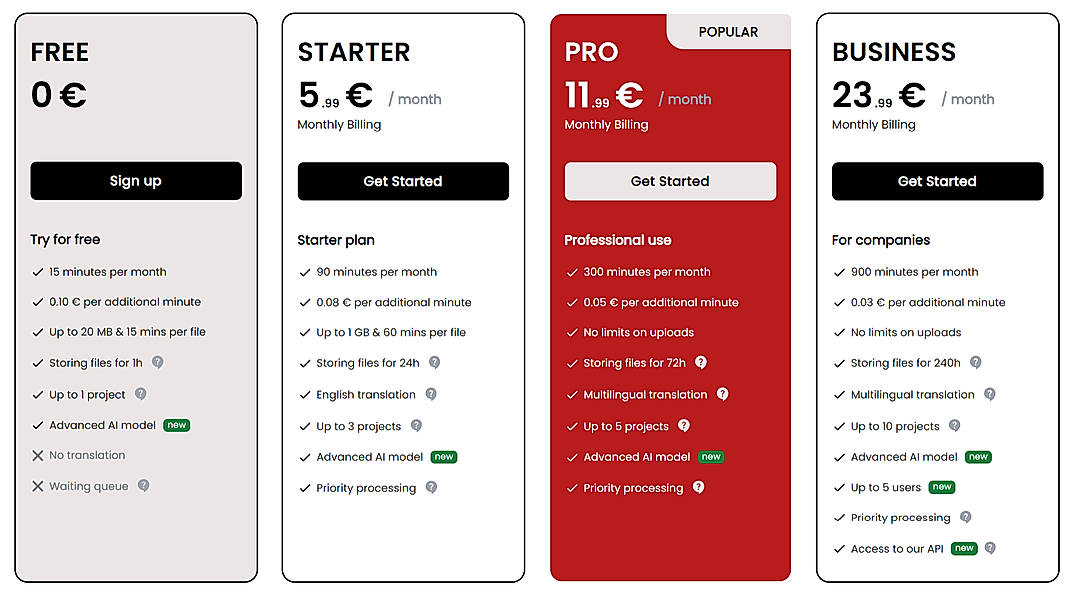 Pricing screenshot