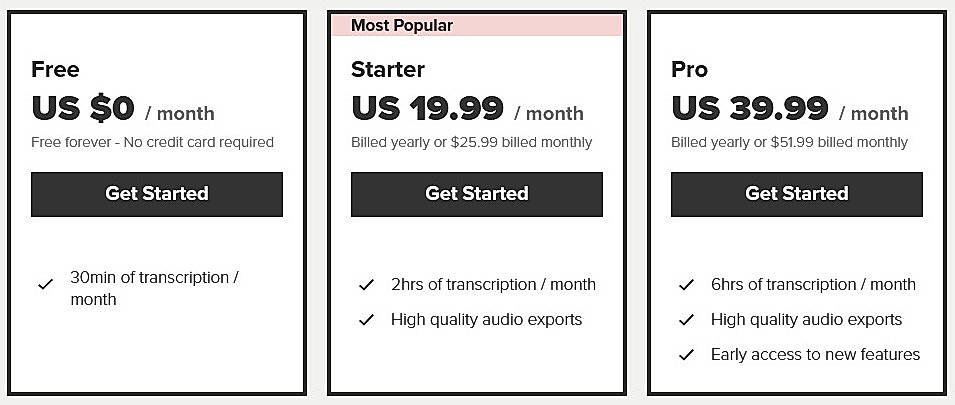 Pricing screenshot