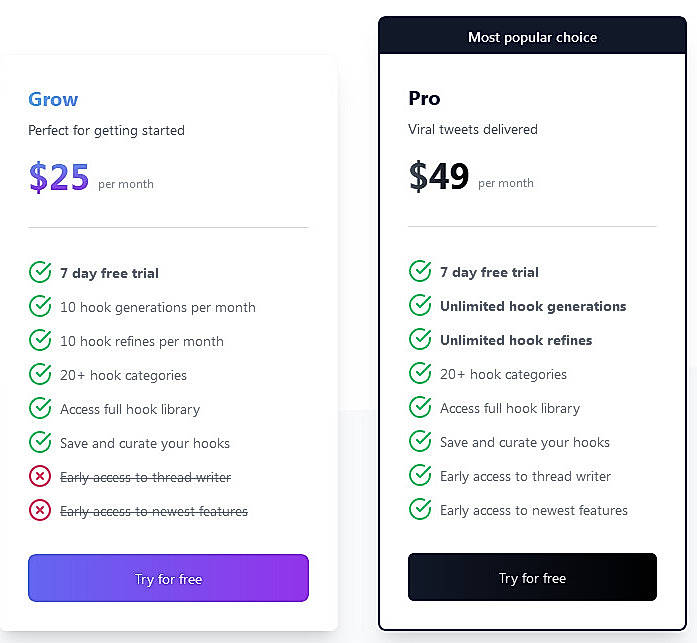 Pricing screenshot