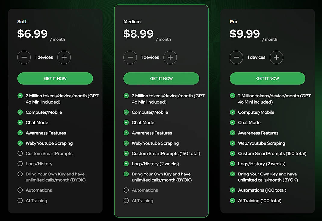Pricing screenshot