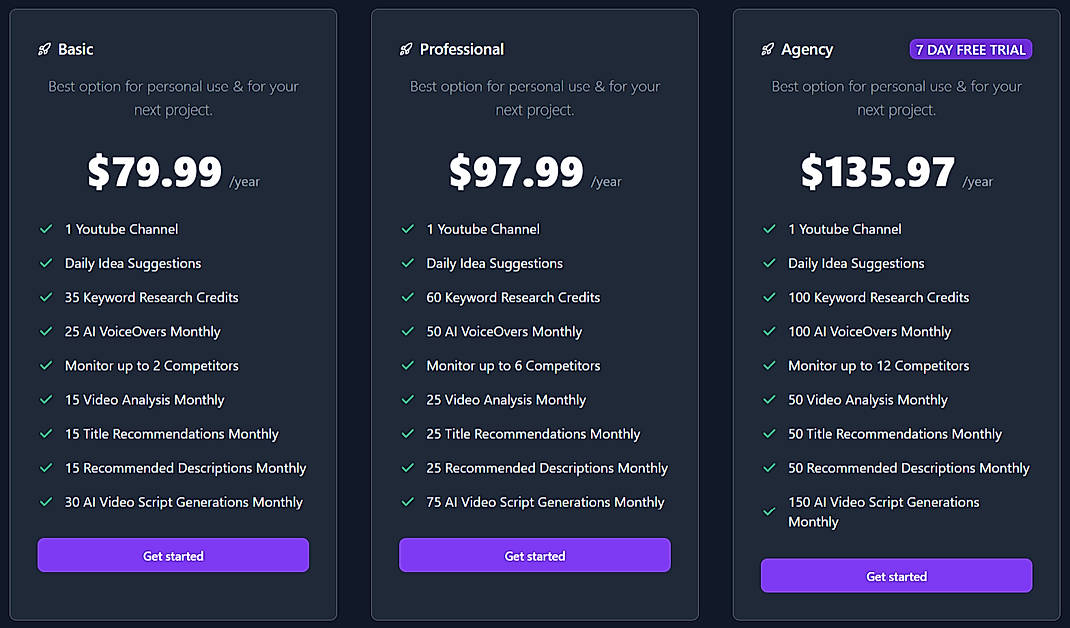 Pricing screenshot