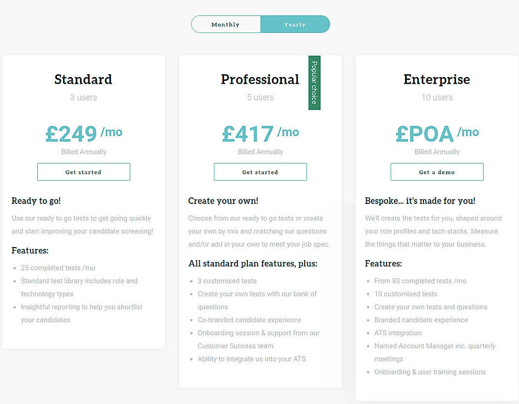 Pricing screenshot