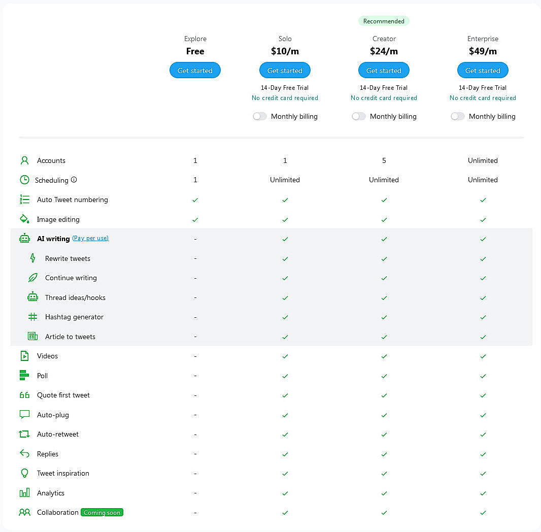 Pricing screenshot