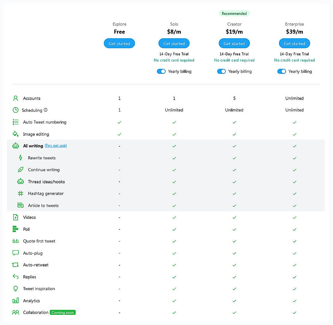 Pricing screenshot