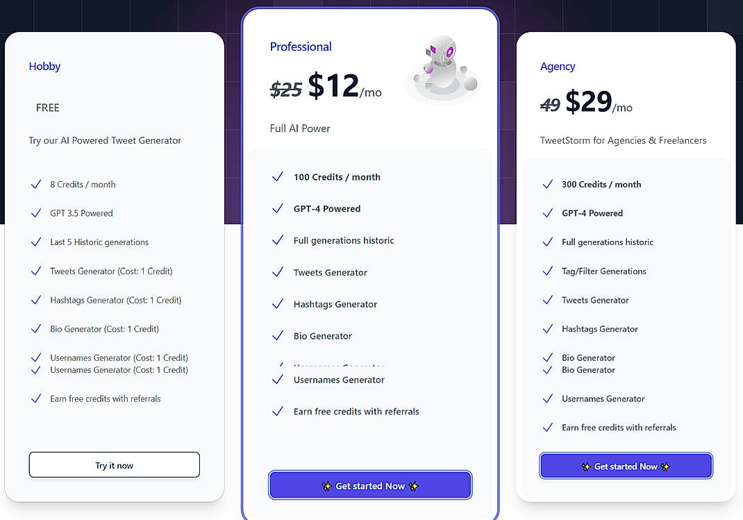 Pricing screenshot