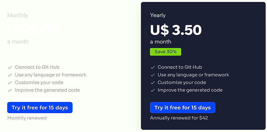 Pricing screenshot
